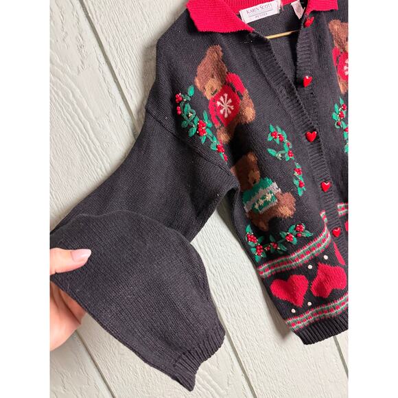 Vintage 90s Teddy Bear Christmas Cardigan Sweater PS Black Red Heart Embroidered - Picture 2 of 7